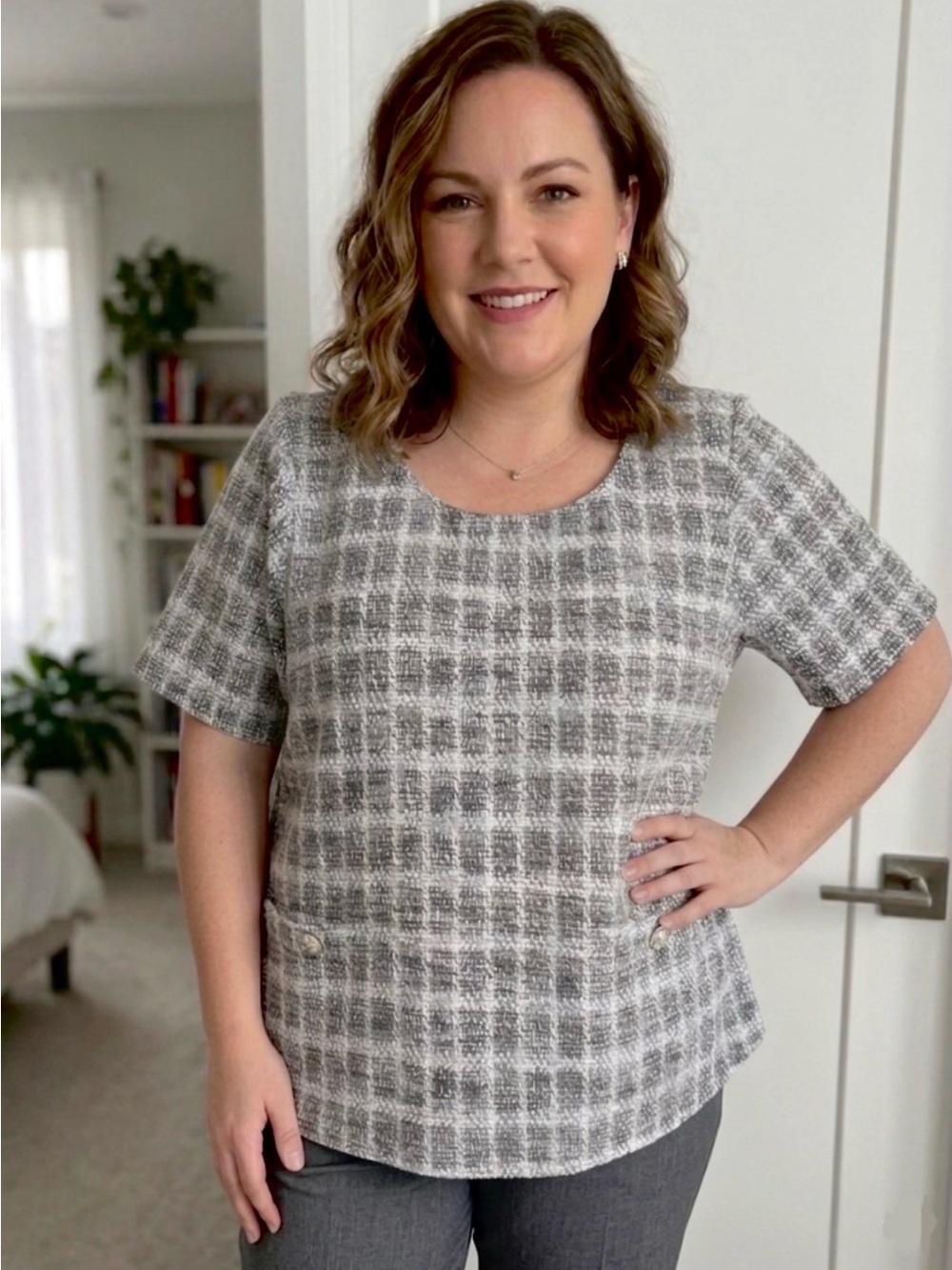 Women’s Plus Grey Tweed Short-Sleeve Top